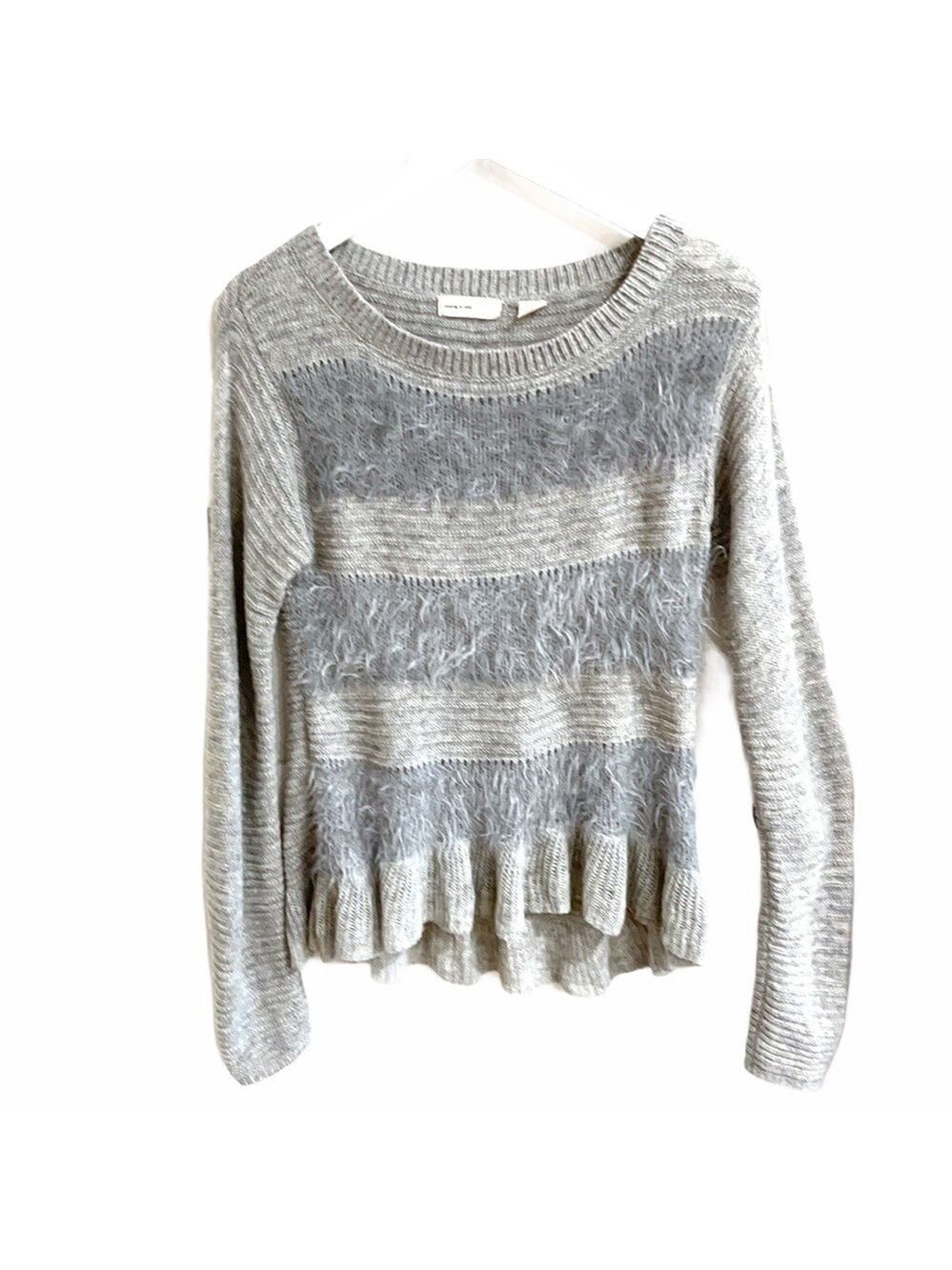 Anthropologie eyelash stripe ruffle hem sweater SZ S - Picture 2 of 6
